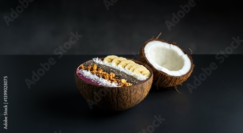 Tropical coconut smoothie bowl with bananas, chia seeds, walnuts