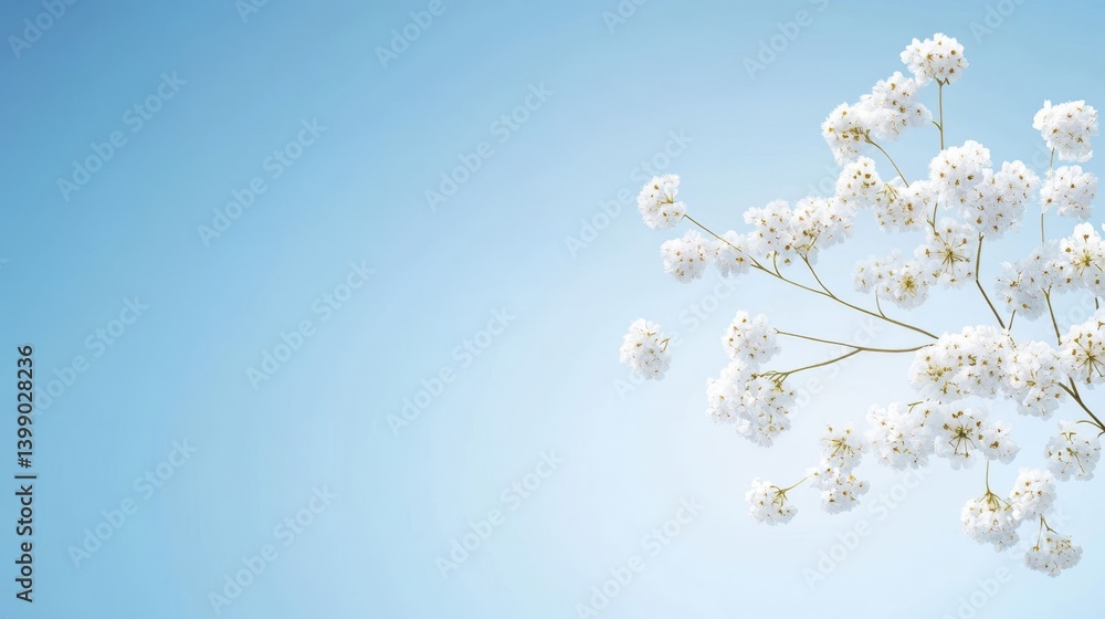 Two Delicate Branches with White Blossoms on Blue Background Two Delicate Branches with White Blossoms on Blue Background