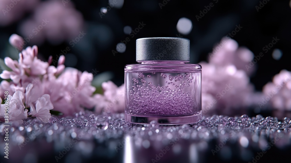 Elegant, purple perfume bottle with floral accents. Scattered, glistening beads surround the bottle