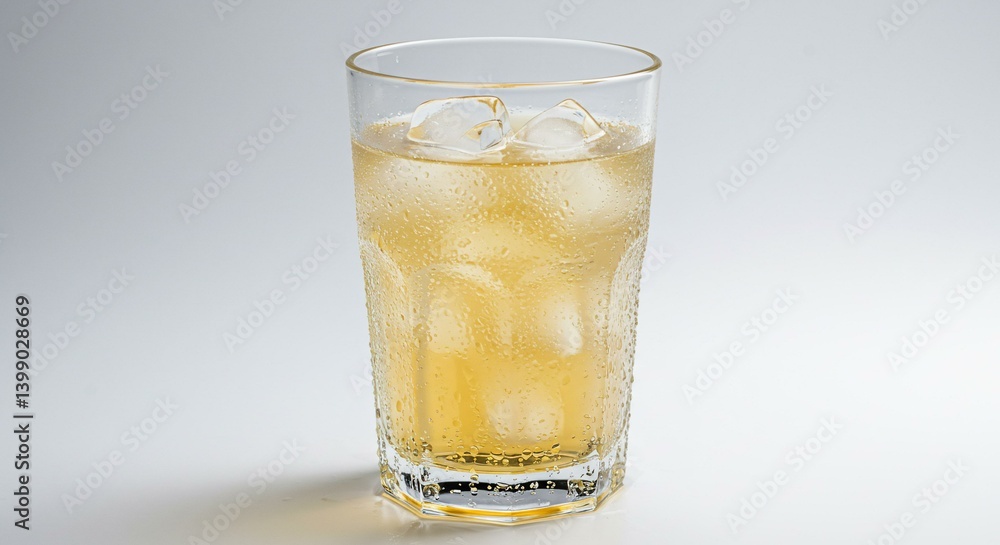 Refreshing cold beverage in a clear glass with ice cubes, condensation visible. Refreshing cold beverage in a clear glass with ice cubes, condensation visible.