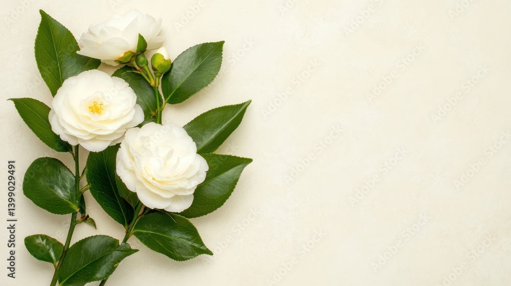 Elegant White Camellia Branches on Soft Background Elegant White Camellia Branches on Soft Background