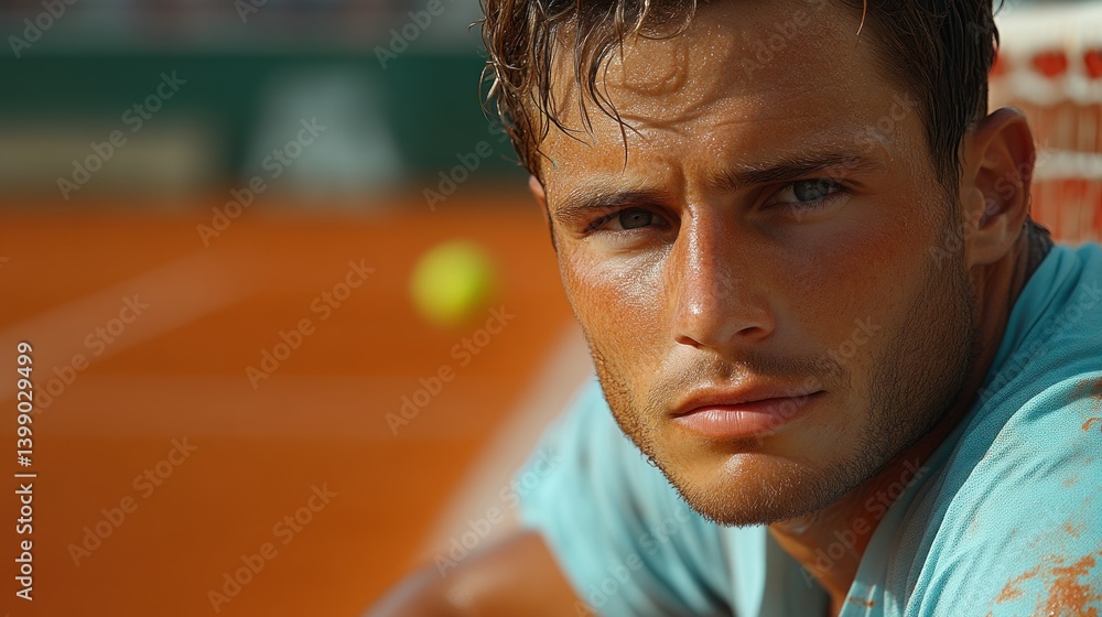 Intense Focus A Sweating Athlete on a Clay Tennis Court Showing Determination and Strength in Intense Focus A Sweating Athlete on a Clay Tennis Court Showing Determination and Strength in