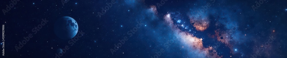 Fototapeta premium Dark starry night sky with galaxy and planets, cosmic, galaxy