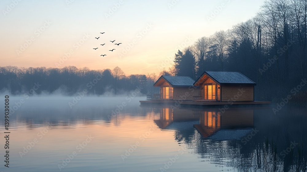 Fototapeta premium Tranquil Morning at Floating Cabins by Serene Lake with Mist and Birds