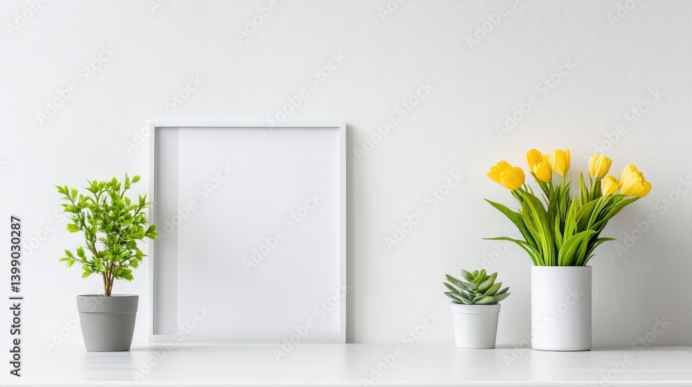 Empty white frame, yellow tulips, and small plants on a white shelf