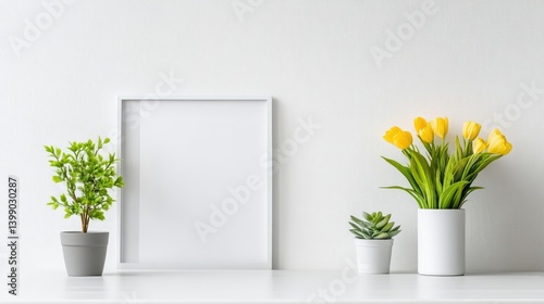 Obraz na płótnie Empty white frame, yellow tulips, and small plants on a white shelf w salonie