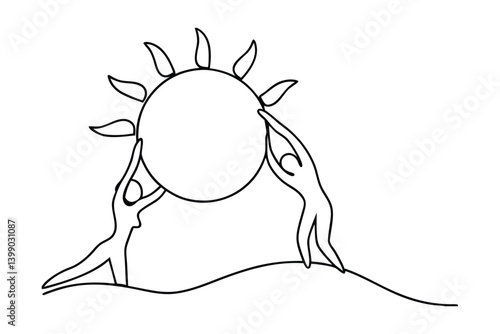 Minimalist Design Of Two People Holding Up The Sun Over A Wavy Surface Continuous Line Art Style Black And White