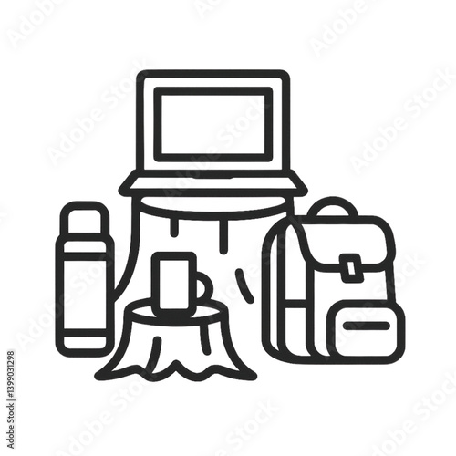 Digital Nomads Workspace with Laptop, Water Bottle, and Backpack  