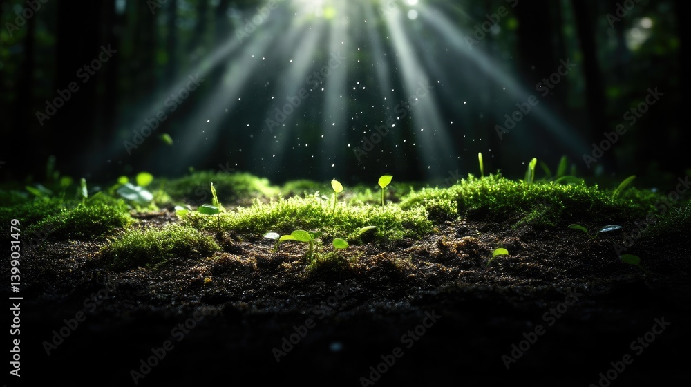 Sunlight filtering through forest canopy onto vibrant new growth