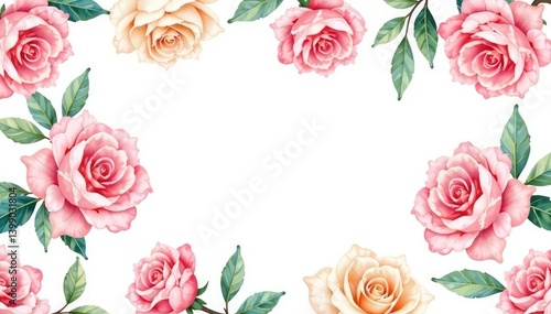 Fototapeta Naklejka Na Ścianę i Meble -  Delicate watercolor roses & leaves, repeating floral design, vintage, floral background
