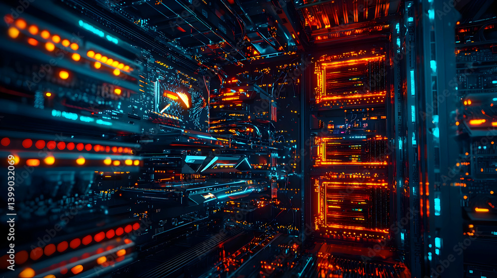Obraz premium Abstract Futuristic Server Room Interior With Glowing Lights