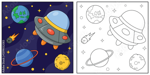 Ufo in space. Black and white vector illustration for coloring book.