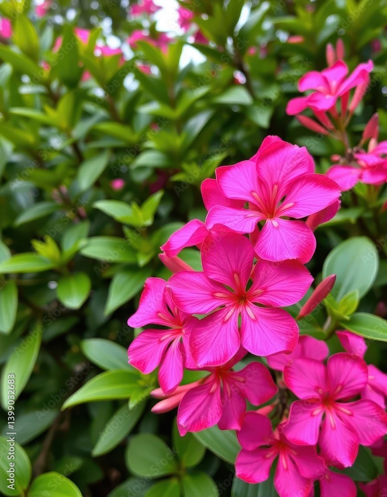 Fototapeta premium Vibrant pink Adenium obesum flowers bloom against lush green foliage, botany, flowering plant, background