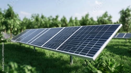 Obraz na płótnie Solar panels in a grassy field amidst trees w salonie