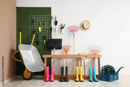 Gumboots and stand with gar...