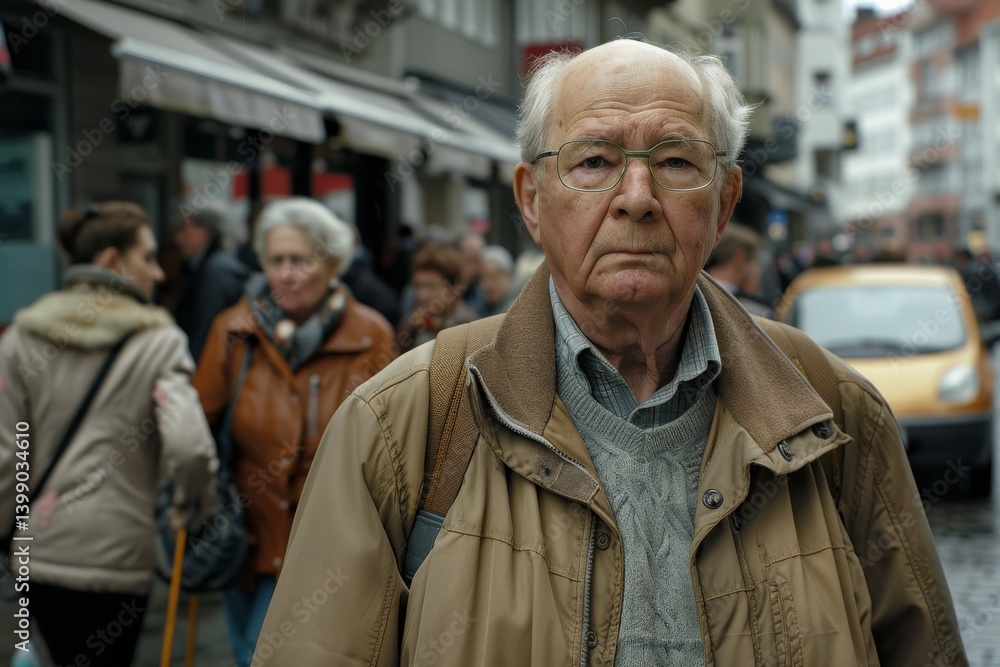 Portrait of an elderly man in a city street. People in the background. Portrait of an elderly man in a city street. People in the background.