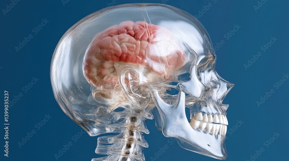 Transparent skull model showing brain and spine