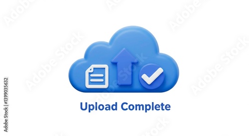 Cloud Upload Complete: A 3D illustration of a cloud with an arrow pointing upwards next to a document icon and a checkmark, signifying successful file transfer.