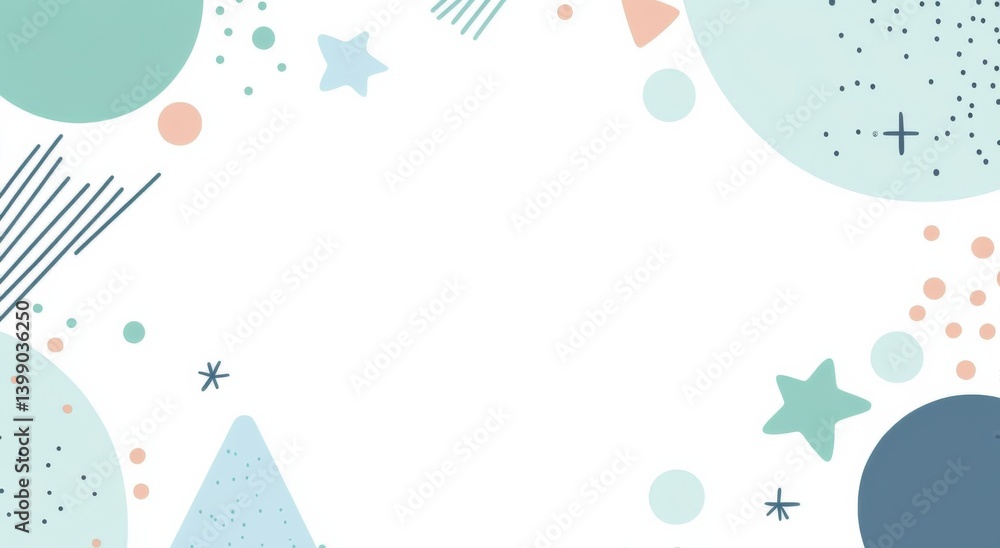 simple white background and pastel-colored shapes like dots, triangles, circles, stars, and stripes
