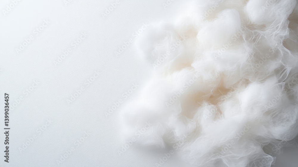 Soft fluffy cotton fibers close-up on white background, natural texture and organic material, and minimalist composition for textile industry concept.