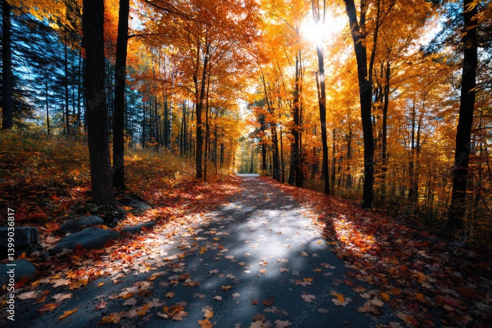 A sunlit pathway winds through the vibrant autumn forest, showcasing the stunning fall colors on a beautiful day. A sunlit pathway winds through the vibrant autumn forest, showcasing the stunning fall colors on a beautiful day.