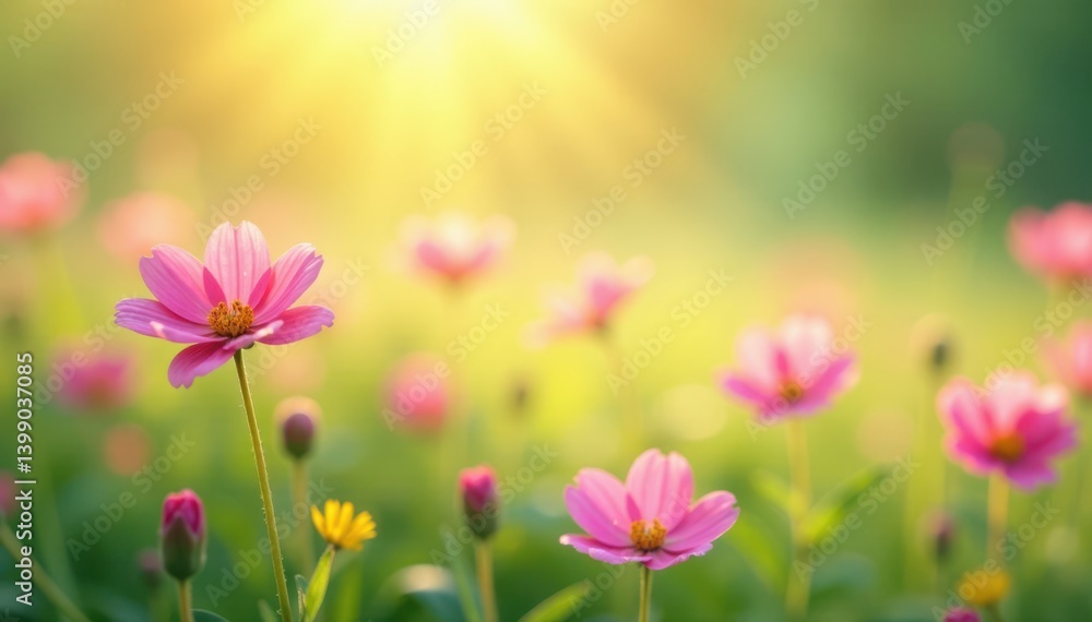 Pastel flowers in a sunny meadow, blue, yellow Pastel flowers in a sunny meadow, blue, yellow