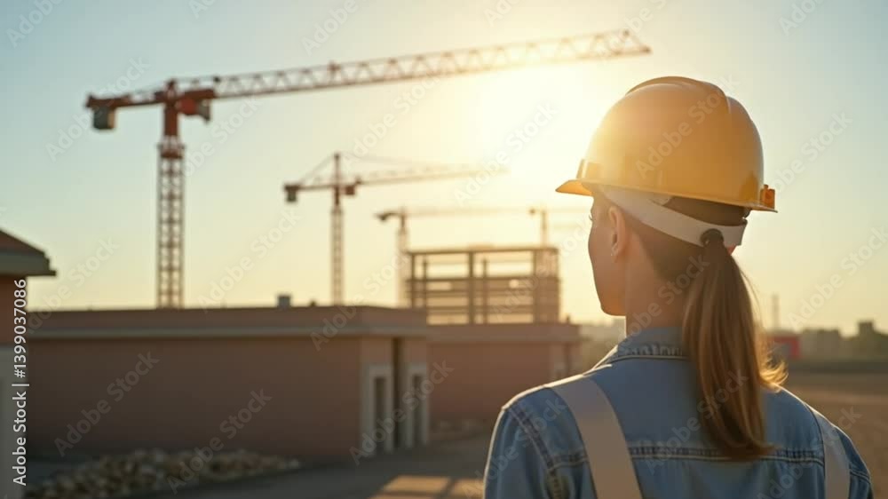Female Construction Engineer Contemplating Sunset Over Construction Site Female Construction Engineer Contemplating Sunset Over Construction Site