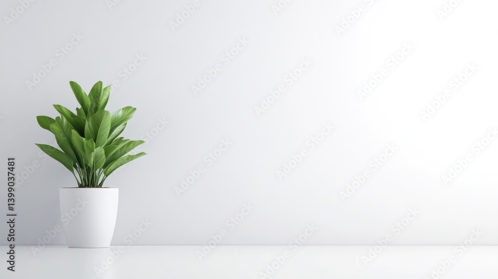 A green potted plant sitting on a white shelf against a minimalist light gray wall, modern interior design concept, and clean and simple composition.