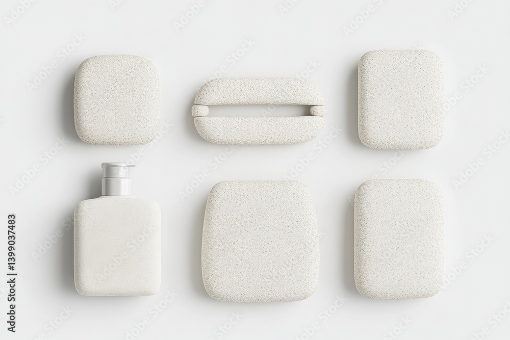 Elevated, minimalist cosmetic product mockups. Various shapes and sizes of neutral-colored containers, emphasizing design