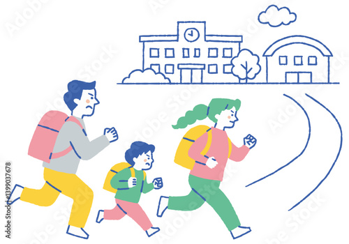 Family of three evacuating to a safe place_Color