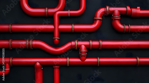 Red Industrial Pipes on Black Background with Curved Designs and Shapes