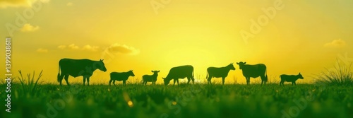 Silhouetted farm animals grazing in a green field, green landscape, animals