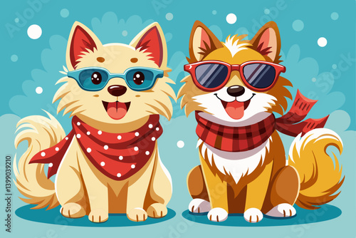 vector of Two happy spitz dogs with sunglasses and scarf posing