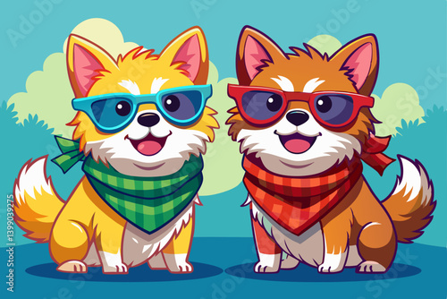 vector of Two happy spitz dogs with sunglasses and scarf posing