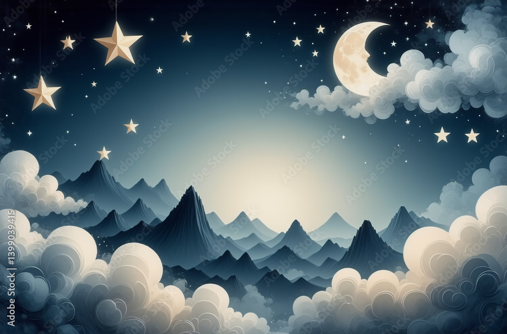 A serene night scene unfolds with a crescent moon and twinkling stars illuminating misty mountains and soft, fluffy clouds. A serene night scene unfolds with a crescent moon and twinkling stars illuminating misty mountains and soft, fluffy clouds.
