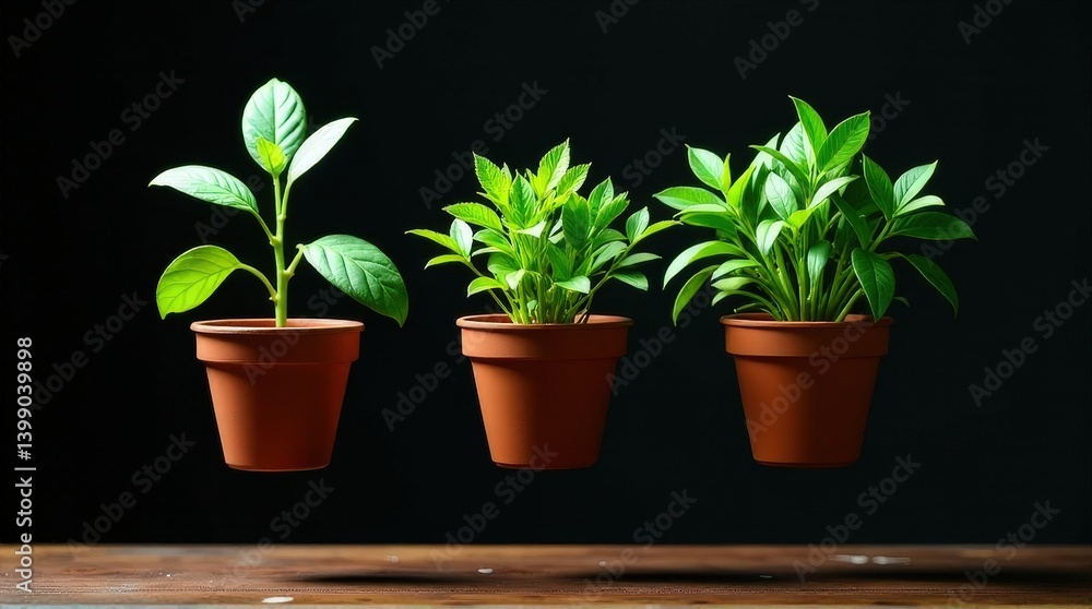 Fototapeta premium Three floating potted plants against dark background.