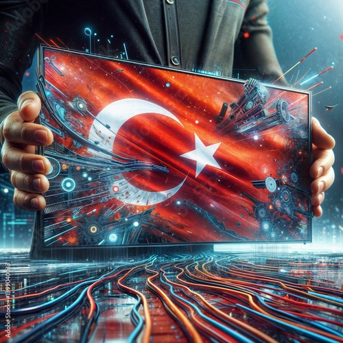 Man holding tablet with digital Turkish flag in futuristic cyberpunk city