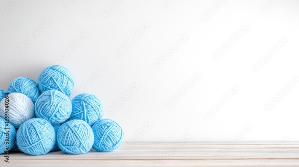 Yarn Balls White and Blue, Minimalist Soft Lighting, High Resolution, Close-up Pile, Textured Softness, Crafting Concept, White Background, Pastel Cool Tones, Ideal for DIY Blogs