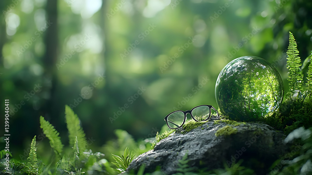 Forest Scene With Glasses And Crystal Sphere Forest Scene With Glasses And Crystal Sphere