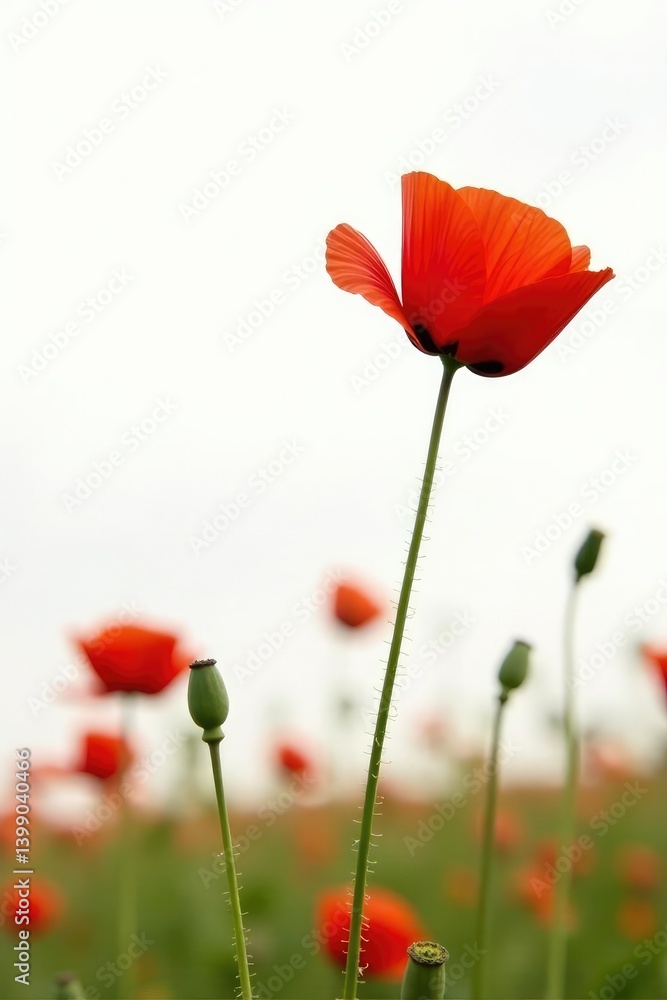 Obraz premium Single red poppy blooms against a stark white backdrop, field, red flowers