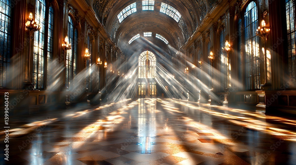 Sunlight streams through stained glass windows in grand hall Sunlight streams through stained glass windows in grand hall