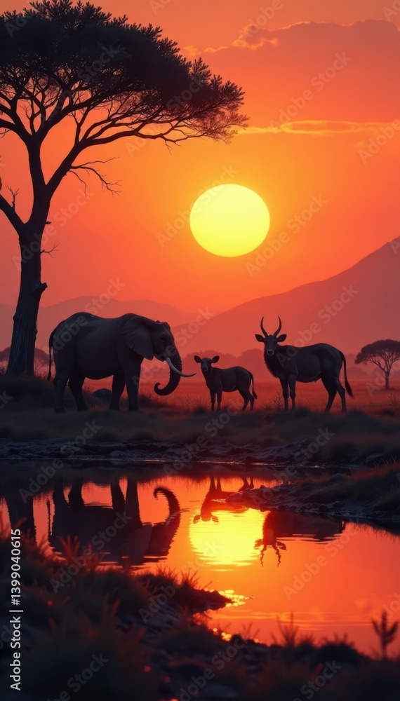 Animals gathering at a watering hole at sunset, evening light, waterhole Animals gathering at a watering hole at sunset, evening light, waterhole