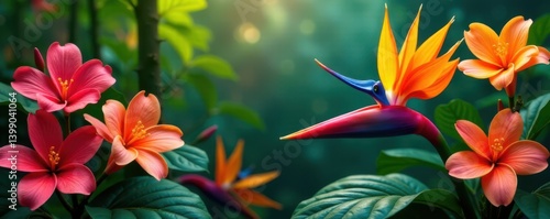 Tropical flowers in a lush garden with multicolored blooms, colorful plants, nature