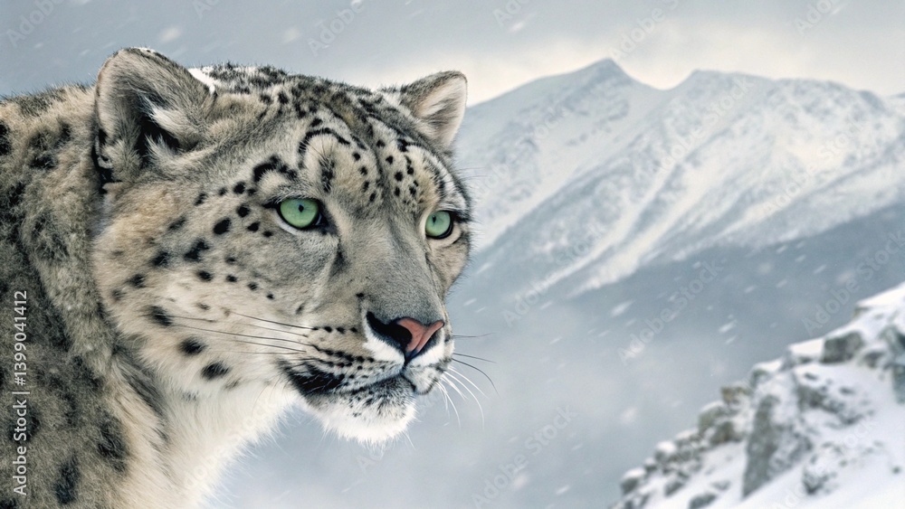 Fototapeta premium A close-up portrait of a snow leopard against a snowy mountain backdrop. 