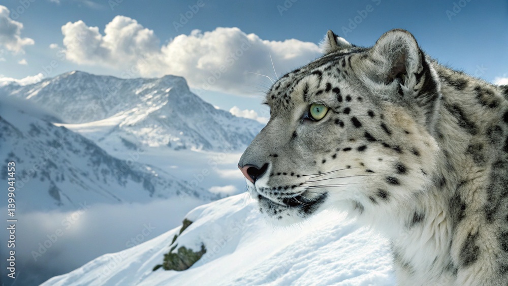 Obraz premium Snow leopard face, highlighting the eyes and winter environment. 