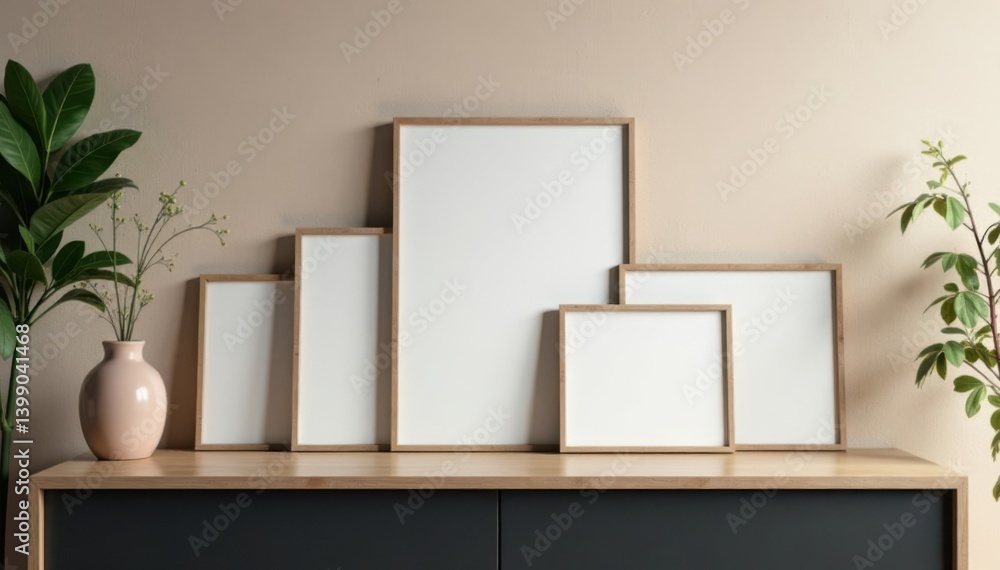 A row of blank photo frames arranged on a sleek console table, console table, gallery wall A row of blank photo frames arranged on a sleek console table, console table, gallery wall