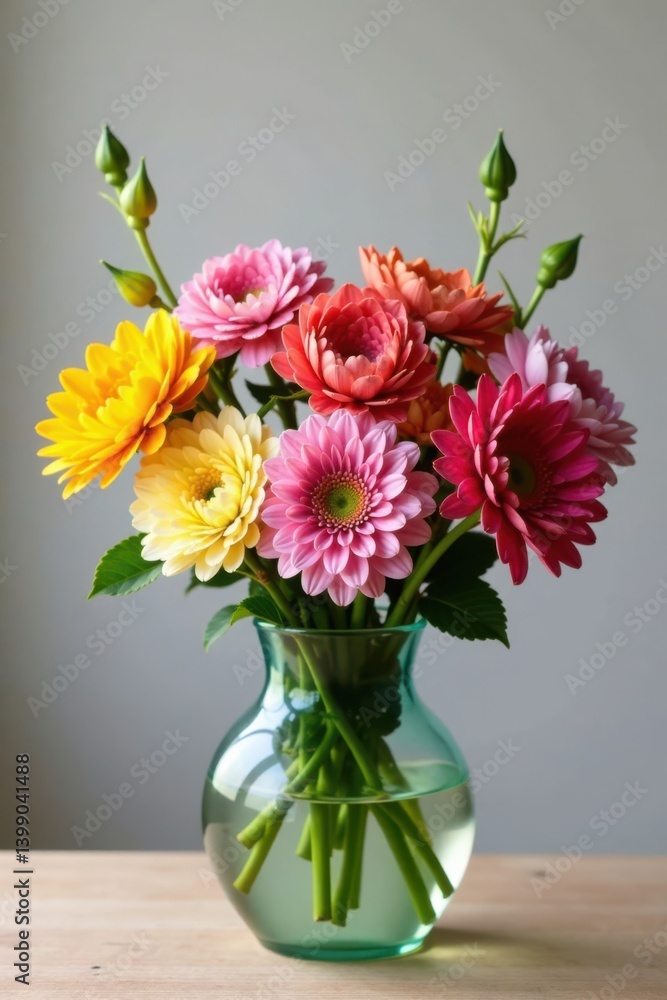 arrangement of colorful blooms in glass vase , , glass arrangement of colorful blooms in glass vase , , glass