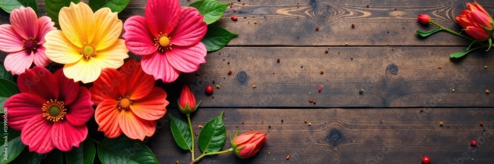 Artificial flowers arranged in a layered composition on a wooden background, antique style , wall decor Artificial flowers arranged in a layered composition on a wooden background, antique style , wall decor