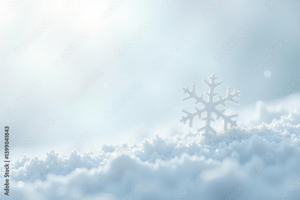 Single snowflake falls gently on a pristine white surface, white background, frost Single snowflake falls gently on a pristine white surface, white background, frost