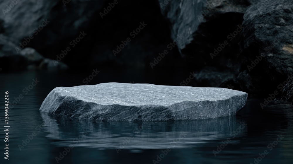 A serene, flat rock rests placidly on dark water, surrounded by shadowy, craggy rocks